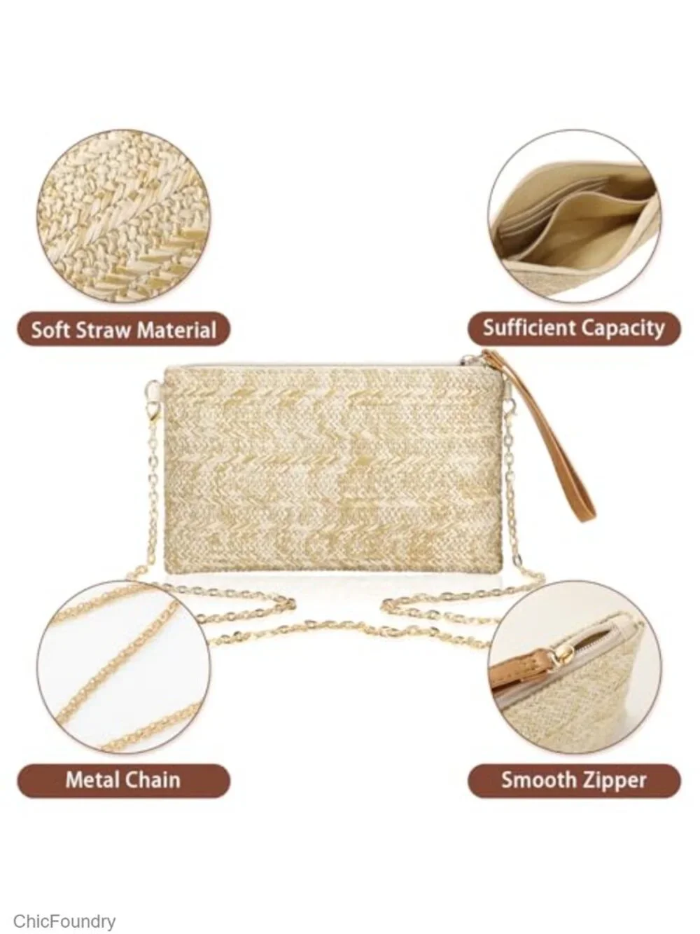 Straw Clutch Purse with Chain Strap Wristlet Bohemian Handbag Beach Summer